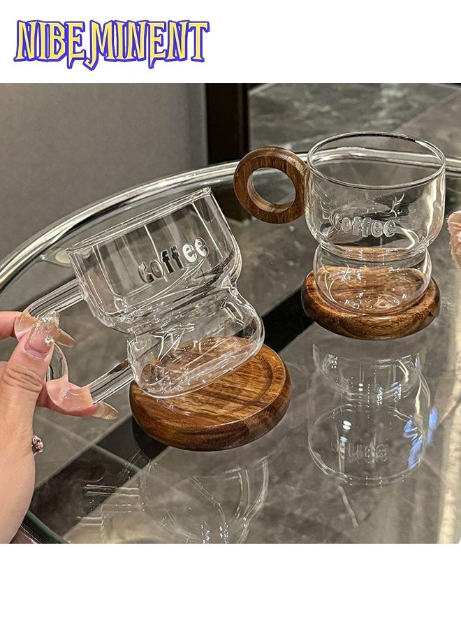 NIBEMINENT كوب قهوة زجاجي 1 قطعة مع مقبض خشب الجوز saucer، كوب قهوة شفاف عتيق وكوب ماء، كوب أنيق للمكتب، مثالي لشرب الماء، القهوة، العصير، أو المشروبات الباردة في المنزل، 260 مل - Image 3